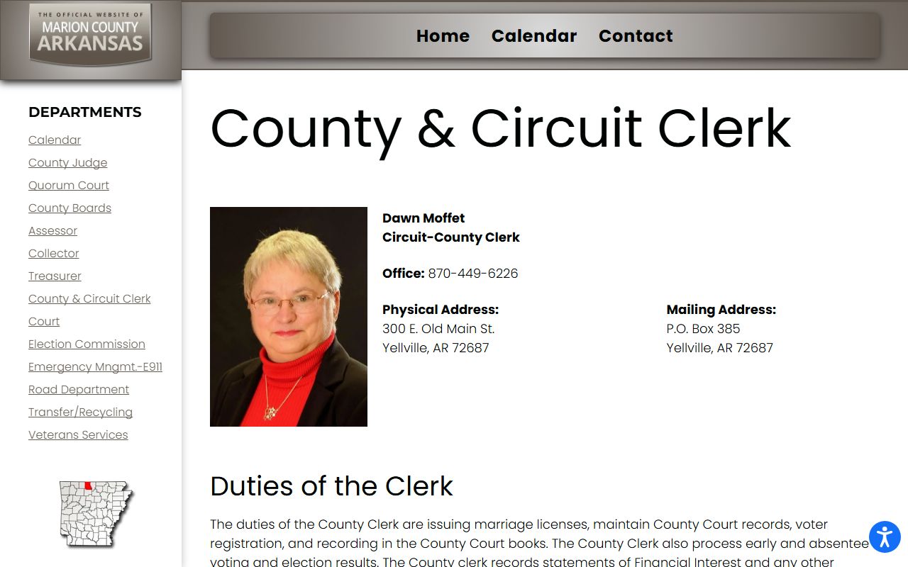Marion County Circuit Clerk page with clerk contact and court file duties