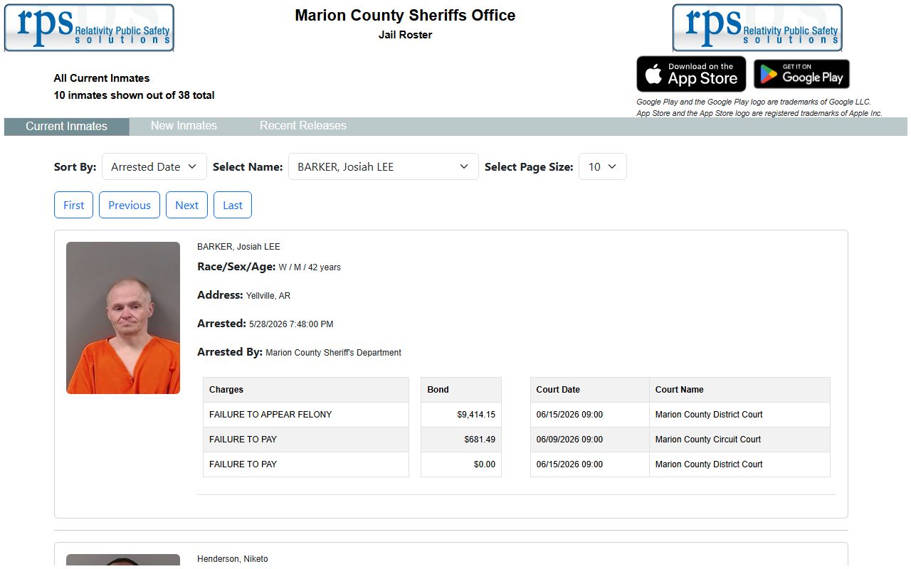 Marion County inmate population current jail roster with booking cards