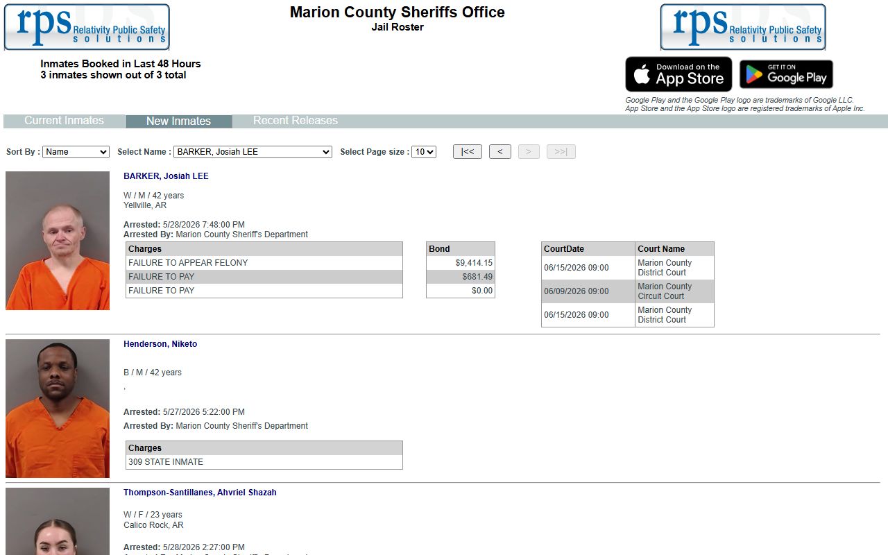 Marion County new inmates roster tab for recent bookings