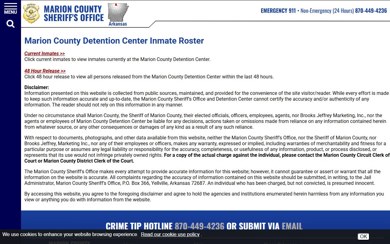 Marion County sheriff roster landing page with current inmates and 48-hour release paths