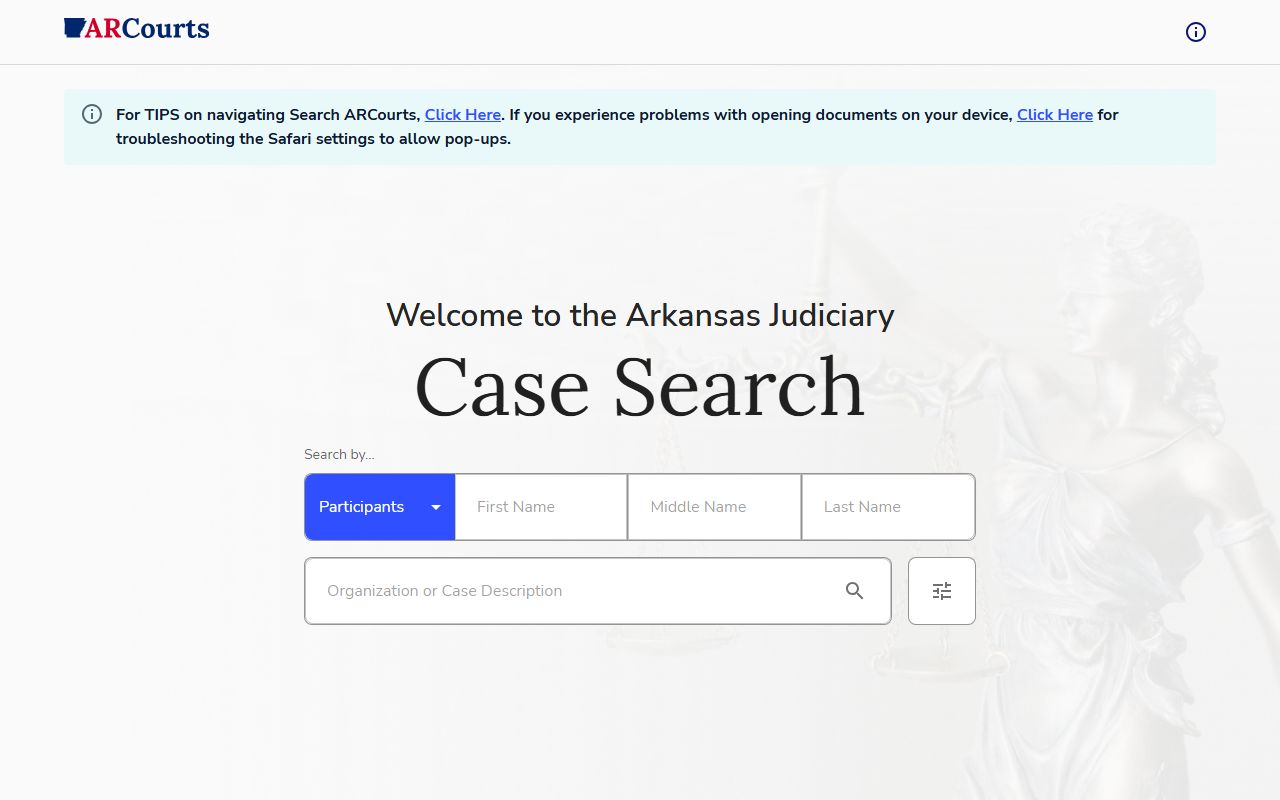 Search ARCourts portal for public Arkansas court case information